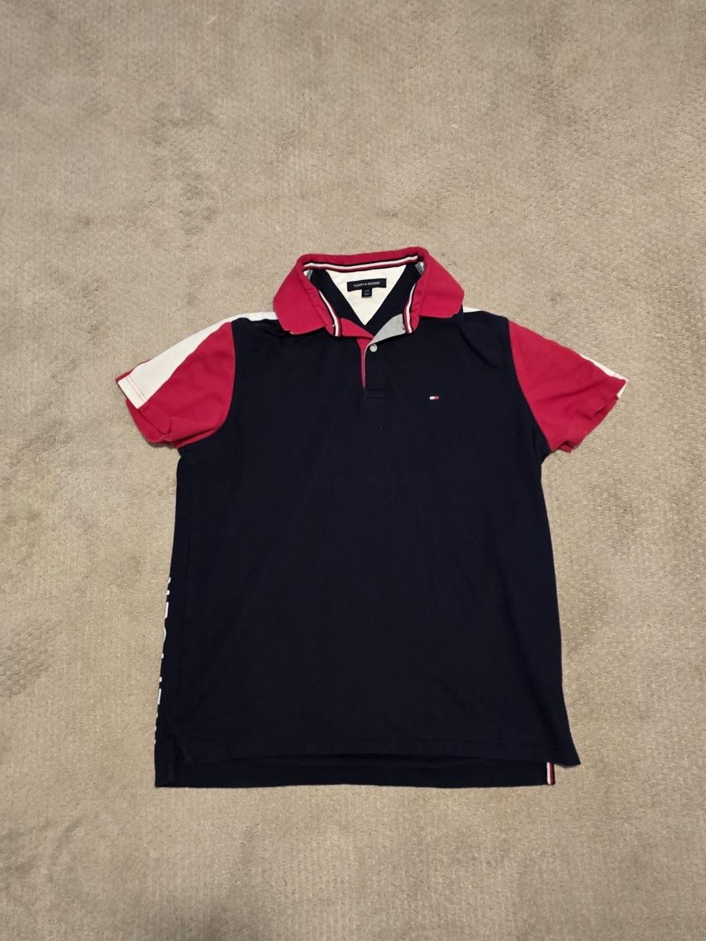 Tommy Hilfiger Colorblock Polo Shirt Navy Red White TH Logo Size L Men's